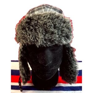 Turtle Fur Trapper Cap Unisex Kids Black Gray Plaid Faux Fur Trim Winter Hat